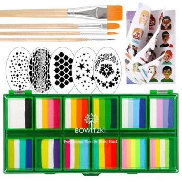 Imagem de Kit de pintura facial Bowitzki 12x10g com conjunto verde de estênceis 