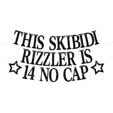 Imagem de This Skibidi Rizzler is 14 No Cap Banner, Cheers to 14 Years/Bruh It's My 14th Birthday, Happy 14th Birthday Party Decorações Suprimentos para Adolescentes Glitter Preto