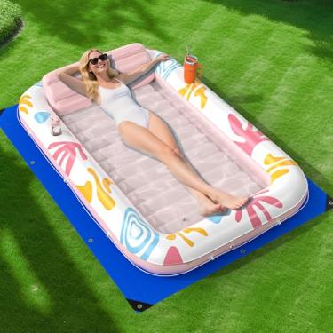 Imagem de Boia inflável para bronzeamento para piscina com tapete de proteção, boia de piscina de 178 cm x 117 cm, adulto com travesseiro, boia de jangada de banheira 6 em 1, para banhos de sol, cama de água
