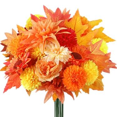 Imagem de Giegxin 87 peças de buquês de flores artificiais de outono, crisântemos, bola, flores, folha de bordo, girassol, acessórios para o dia de Ação de Graças, outono, casamento, faça você mesmo, arranjos
