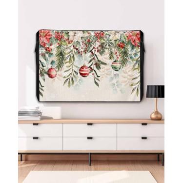 Imagem de Capa de TV externa com bola de Natal para tela plana externa, poinsétia eucalipto, neve, 600D, espessa, à prova d'água, protetor de tela para TV ao ar livre com zíper para telas planas de 60 a 65