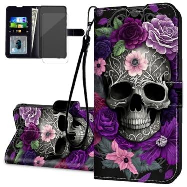 Imagem de RAUEDWDJS Capa carteira para Google Pixel 10 Pro XL com protetor de tela, suporte de cartão de couro PU com alça de pulso flip à prova de choque 6,8 polegadas 2025-caveira roxa