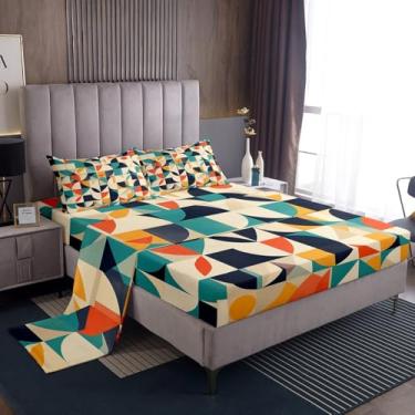 Imagem de Erosebridal Jogo de lençol casal geométrico azul-petróleo, abstrato, estético, retrô, para decoração de quarto de crianças e adultos, geométrico colorido, estilo boêmio, 4 peças
