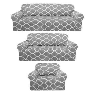Imagem de Peryiter Conjunto de 3 capas de sofá para sala de estar para sofá e sofás, capa de poltrona, protetor de móveis, elástico, sem rugas (cinza claro)