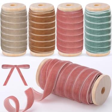 Imagem de Chuangdi Conjunto de fitas de veludo de Natal com 4 rolos de 3/20.3 cm vintage com acabamento em tecido de carretel de madeira para embrulho de presente de Natal, decoração de guirlanda, enfeites de