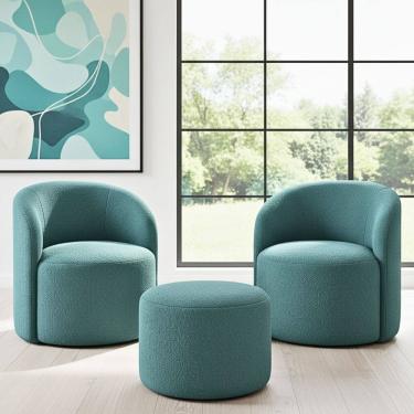 Imagem de Kit 02 Poltronas Gaia + Puff Living Decorativo Curvo Orgânico Boucle Azul Turquesa - Montanaris Decor