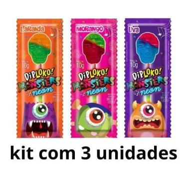 Imagem de kit com 3un Pirulito Dip Loko Neon Monster Brilha No Escuro