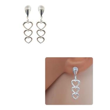 Imagem de Brinco Cascata 3 Corações Folheado Prata 925 18k Antialérgico - Mixfol