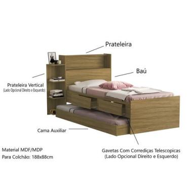 Imagem de Cama Bicama Solteiro Isa com Baú 2 Gavetas Com Corrediças Telescópicas