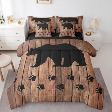 Imagem de Erosebridal Jogo de cama Queen rústico de urso preto com lençóis, cabana de fazenda, 7 peças, temática de animais selvagens, caça, animais selvagens, para crianças, meninos, adolescentes, homens