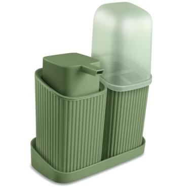 Imagem de Kit Banheiro Peças Completo - Porta Sabonete Líquido, Porta Escova e Bandeja | Conjunto Organizador para Lavabo(Verde)
