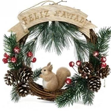 Imagem de Placa Decorativa Feliz Natal Guirlanda Pinhas E Esquilo Laco Decoracao Porta Parede Aconchegante