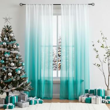 Imagem de Cortinas transparentes de chiffon ombré, azul-petróleo, 224 cm de comprimento para decoração de sala de estar e quarto, cortina de janela semitransparente gradiente enrugada para quarto de meninas