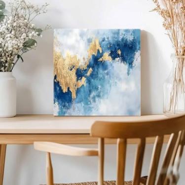 Imagem de Arte de parede em tela ombré azul branco dourado pintura em tela arte moderna decoração de parede para sala de estar quarto banheiro decorações de arte pronto para pendurar 20.3 cm x 20.3 cm