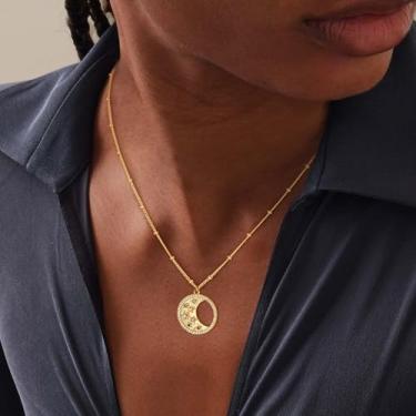 Imagem de Colar de ouro feminino banhado a ouro 14 K com pingente de lua delicada, pingente de zircônia cúbica delicada para mulheres, joias, Medium, Latão, Sem Pedra Preciosa
