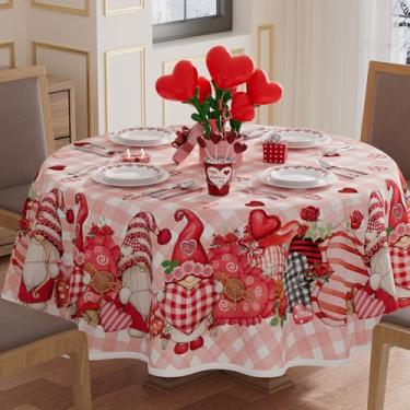Imagem de XCHI Toalha de mesa xadrez com gnomos com corações de amor para dia dos namorados, toalha de mesa redonda, lavável para decoração de festa em casa 177 x 177 cm