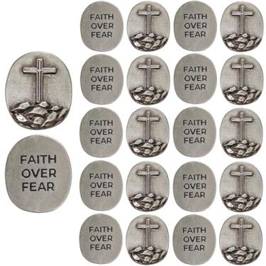Imagem de aiviwiai Faith Over Fear Cross Pocket Coin - Religious Christian Gift Worry Stone Encouragement Token for Men Women Kids Baptism Confirmation Easter (20, Antique Silver)