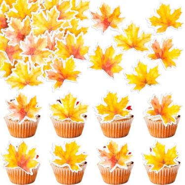 Imagem de Gyufise 54Pcs Edible Fall Leaves Cupcake Toppers Wafer Paper Autumn Maple Leaves Cake Decorations for Thanksgiving Baby Shower Wedding Birthday Party Supplies Yellow