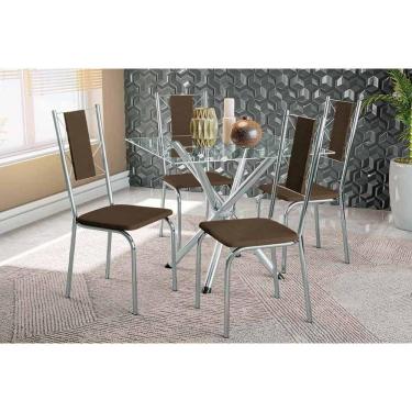 Imagem de Conjunto Mesa De Cozinha Volga Com Tampo De Vidro 90cm E 4 Cadeiras Lisboa Cromada Courano Marrom Kappesberg
