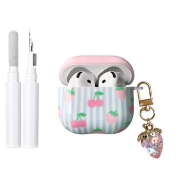 Imagem de COTYPOFLIYTT Capa compatível com Airpods 4ª geração com kit de limpeza, lindo design listrado rosa morango cereja TPU macio à prova de choque capa para Airpods 4 - azul
