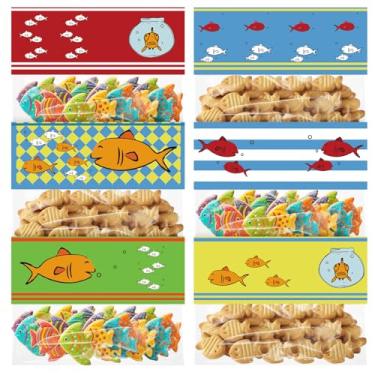 Imagem de Tioncy Conjunto de 48 sacos de petiscos de peixe autoadesivos, sacos de papel de embrulho de peixe azul com cartão comemorativo, projeto engraçado, faça você mesmo, cartão de troca de presente