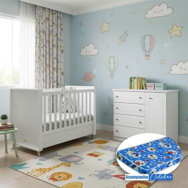 Imagem de Berço Tutto New E Cômoda Infantil Americano Ambiente Branco Fosco Com Colchão Ortobom - Matic