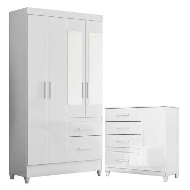 Imagem de Guarda Roupa Solteiro Madri Com Espelho E Cômoda Vênus Com Pés Branco Flex - Moval