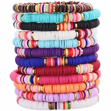 Imagem de Amoina Conjunto de 12 pulseiras de contas da amizade, Heishi, vinil, argila, disco, contas, surfista, elástico, joia de praia de verão para mulheres, Medium, Ouro amarelo, Sem Pedra Preciosa