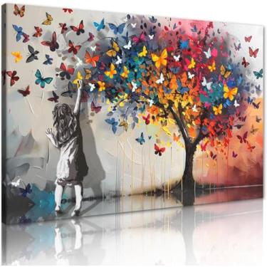 Imagem de Canvas Trend Arte de parede em tela grafite de rua borboletas coloridas pôster Banksy impressão positiva decoração de parede para sala de estar quarto escritório berçário pronto para mão 61 x 91 cm