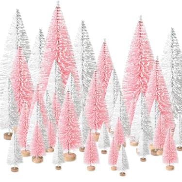 Imagem de 30 miniárvores de Natal artificiais rosa e brancas, escova de garrafa com base de madeira, pequenas árvores de Natal em miniatura para festa de Natal, mesa de casa, artesanato, decoração interna de