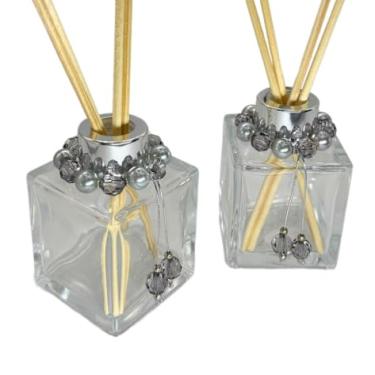 Imagem de Kit 2 Frascos de Vidro Cubo Difusor 100ml com Pingentes Decorativos e Varetas – Aromatizador Luxo para Casa, Escritório e Presente Elegante(PRATA)