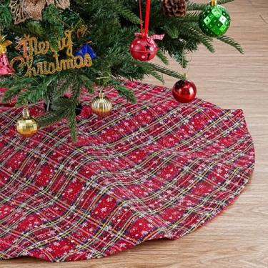 Imagem de Saia xadrez de búfalo de 91 cm de algodão e linho para árvore de Natal, floco de neve, para casa de fazenda, Natal, férias, vermelho e verde, decorações de árvore xadrez
