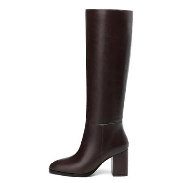 Imagem de NUMALEO Botas femininas na altura do joelho, salto grosso, bico quadrado, botas longas de 7,6 cm para mulheres, botas GoGo com zíper lateral, Marrom-escuro, 36 BR