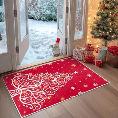 Imagem de Acetiamin Tapete de Natal lavável à máquina, tapete de entrada de Natal pequeno antiderrapante para porta da frente, tapete de porta interna de pilha baixa para entrada, quarto, sala de jantar e
