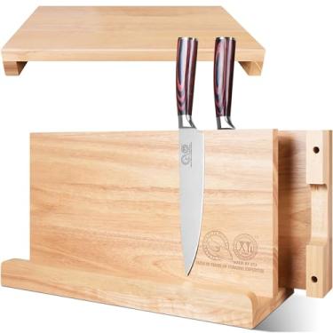 Imagem de XYJ Conjunto de blocos magnéticos de madeira 3 em 1 – Suporte magnético poderoso + 2 tábuas de cortar reversíveis, organizador de bancada que economiza espaço