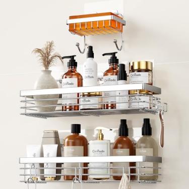 Imagem de Orimade Suporte adesivo para chuveiro, saboneteira, prateleira com 5 ganchos, organizador de banheiro, prateleira de armazenamento de cozinha, montagem na parede, sem perfuração, aço inoxidável -