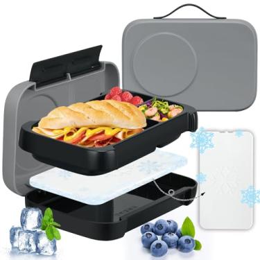 Imagem de JXXM Lancheira Bento para crianças, lancheira Bento com bolsa de gelo integrada para escola, 3 compartimentos à prova de vazamento com utensílios para meninas e meninos; livre de BPA, seguro para