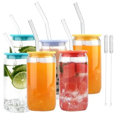 Imagem de LUVCOSY Conjunto de 6 peças de copos Dringking com tampa de silicone e palha, copos de café gelado de 473 ml para mulheres, meninas, copo de vidro fofo com tampa e canudos, presente para Natal
