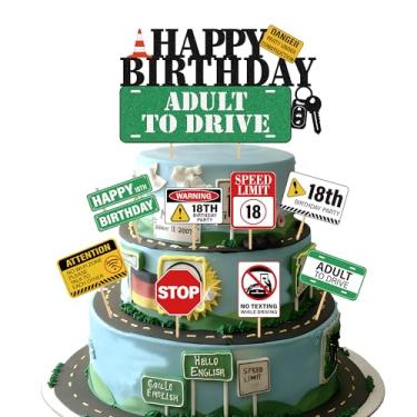 Imagem de 18th Birthday Decorations Cake Topoper - 9 Pcs Glitter New Driver Cake Cupcake Toppers Drivers License Caution Logos Traffic Signs Table Decor For Boys Girls 18 Year Old Party Supplies