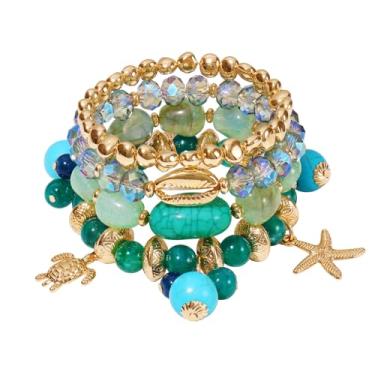 Imagem de Firstmeet Conjunto de 4 pulseiras boêmias, contas mistas e pingente de liga empilhável, joias vibrantes para mulheres, Medium, Vidro, Sem Pedra Preciosa