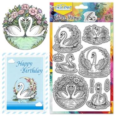 Imagem de CHGCRAFT Fantasy Swans Selos transparentes cisnes e flores selos transparentes lua silicone selos de carimbo transparente para fazer cartas, decoração de álbum de fotos faça você mesmo, 11 x 16 cm