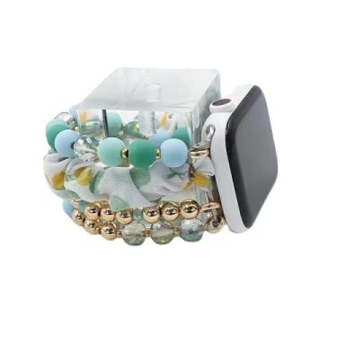 Imagem de Tangxi Pulseira de Miçangas Compatível Com Relógios IOS 38mm 40mm 41mm 42mm 44mm 45mm 49mm, Pulseira Elástica Feita à Mão Com Miçangas Pulseira de Relógio Elástica para Mulheres (Dourado Rosado)