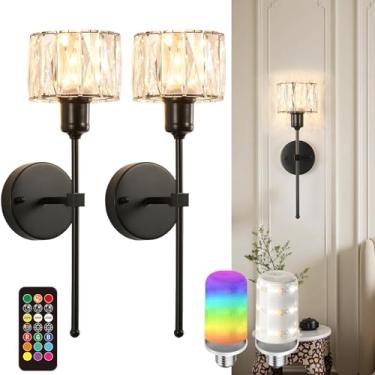 Imagem de Conjunto de duas arandelas de parede operadas por bateria de cristal, luz de parede preta sem fio com lâmpadas LED recarregáveis por USB, lâmpada de parede de cristal regulável de 12 cores com