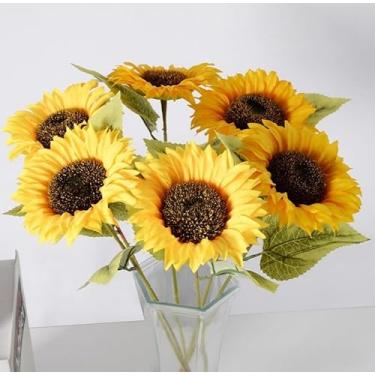 Imagem de 4 peças de flores artificiais – flor de seda com hastes de girassol amarelo, arranjos florais falsos para casa de banho, escritório, mesa central, prateleira, decoração de casamentos