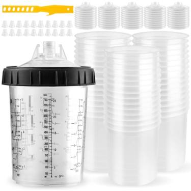 Imagem de Copos de tinta descartáveis com tampas de filtro - Kit universal de copos de pistola de pulverização de tinta de 800 ml, 45 forros e tampas, 1 copo rígido com anel retentor, 20 plugues e 1 agitador