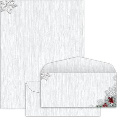 Imagem de Conjunto de 50 papéis timbrados de pinheiro amadeirado de Natal com envelopes, papel de papelaria para anotações, convites para o Papai Noel, escritório, escola, 21 x 28 cm