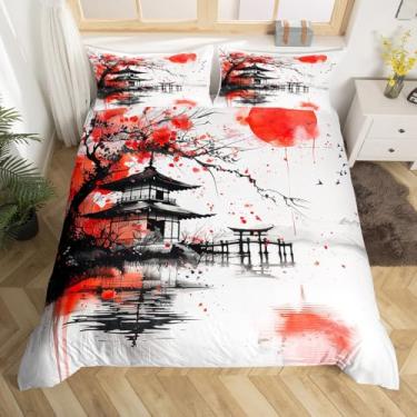 Imagem de jejeloiu Jogo de cama de anime japonês, tamanho Queen, japonês, flor de cerejeira, floral, capa de edredom para meninos e meninas, capa de edredom de microfibra macia e leve, sem enchimento