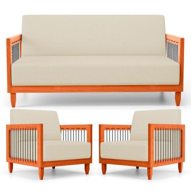 Imagem de Kit 02 Poltronas E 01 Sofá Samoa Madeira Maciça Com Cordas Náutica Linho Pérola - Abmaza