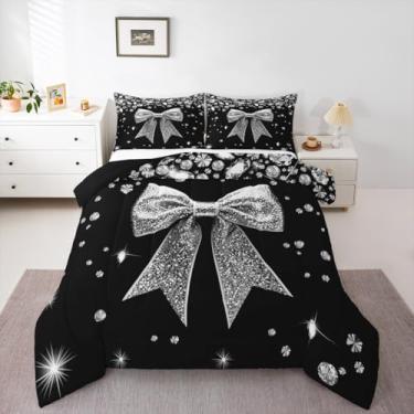 Imagem de Conjunto de edredom solteiro com laço de fita fofa, prata para meninas, cinza, brilhante, diamante, preto, gravata borboleta, geométrico, kawaii, geométrico, para decoração de quarto de meninas