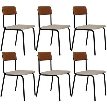 Imagem de Kit 06 Cadeiras Estofada Para Sala De Jantar Sense Preto C01 Linho Palha Courino Caramelo - Lyam Decor